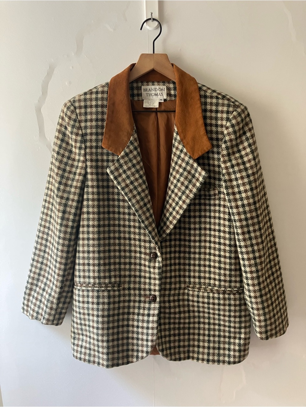 BRANDON THOMAS Plaid Wool and Faux Suede Blazer Jacket**